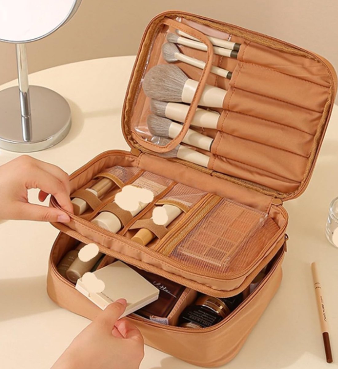 Makeup Bag - Cosmetic Storage Bag - Travel Bag - Large Capacity Makeup Bag - Women's Toiletry Bag - Portable Makeup Bag with Brush Holder and Compartments (Double-Layered Beige)