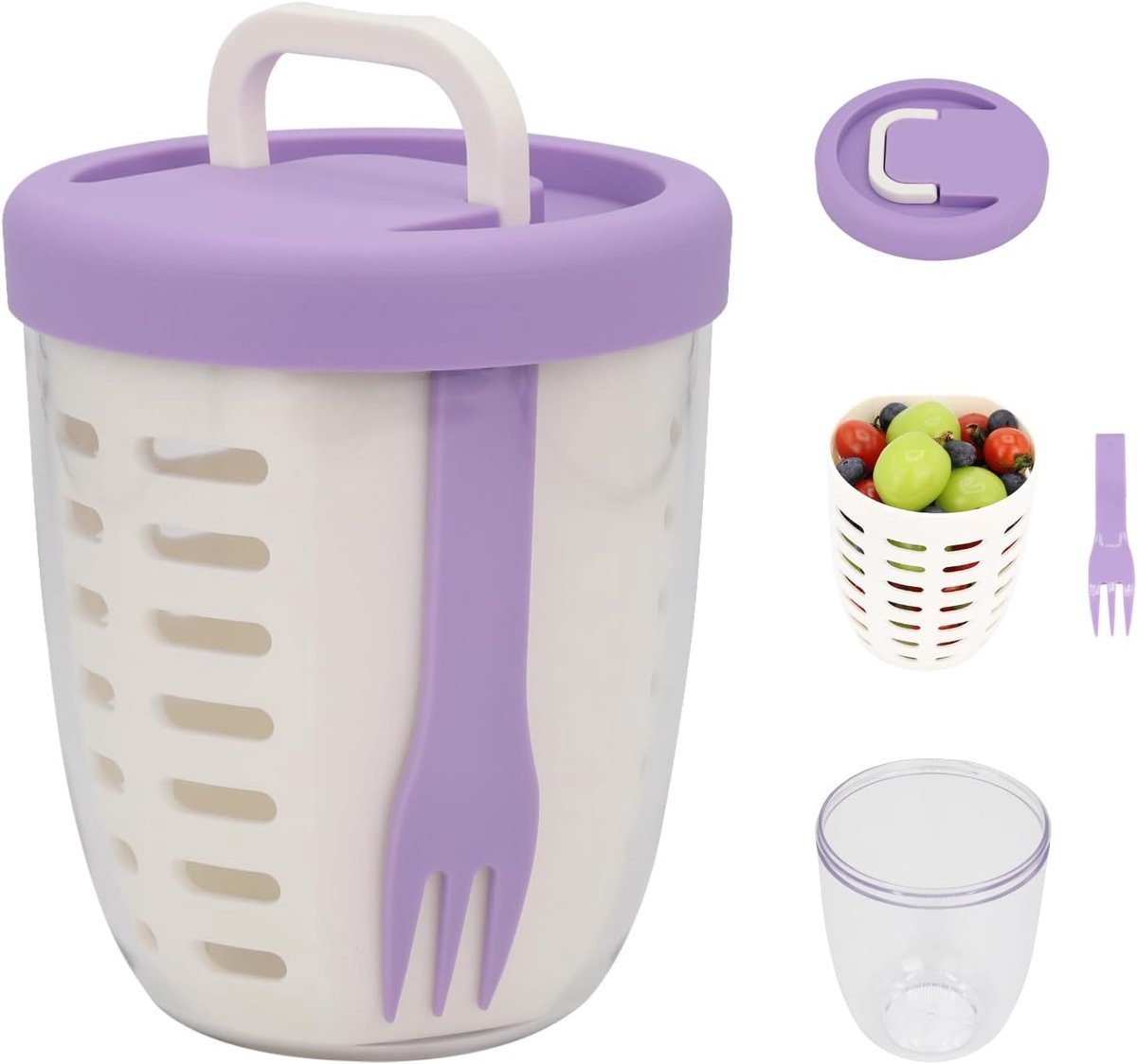 Fruit Bowl - Salad Bowl - Leakproof reusable food container with lid and draining basket - Suitable for work, school, and travel. - 650 ml (Purple)