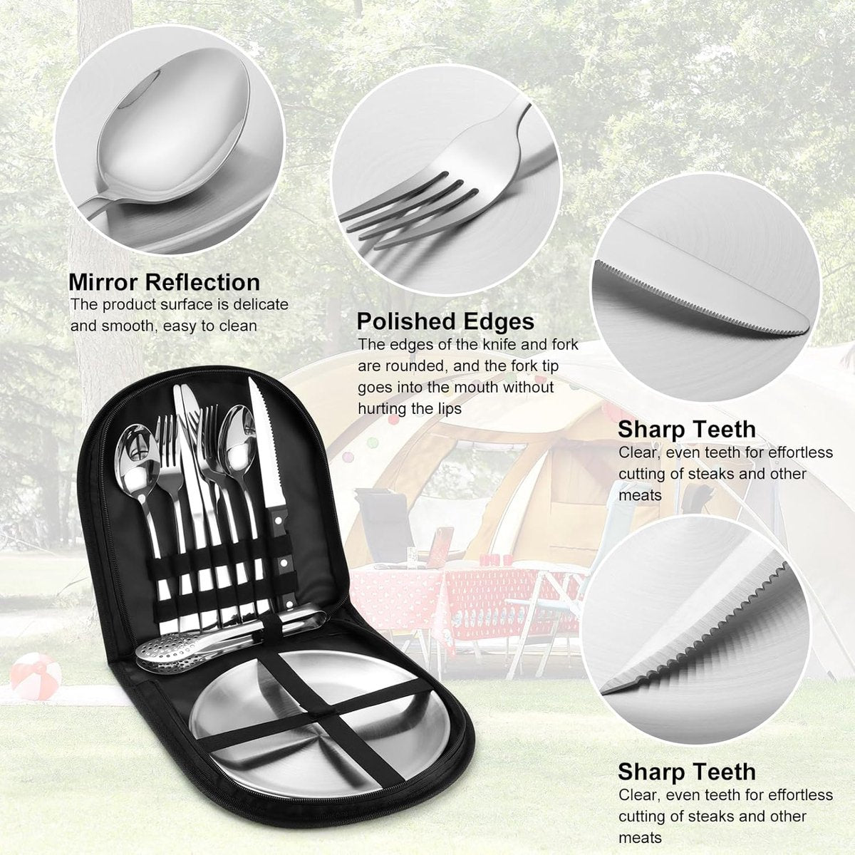 2 Person Cutlery Set (10-piece) - Camping Set for 2 People - Spoons, Knives, Forks, Steak Knives - 10 Pieces Stainless Steel Cutlery - Including Carrying Bag - For Picnic & Travel - Silver