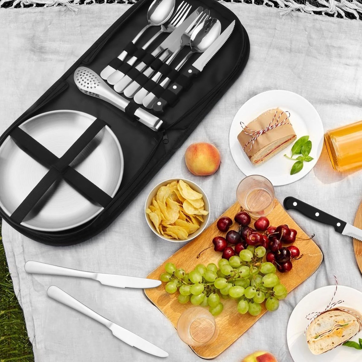 2 Person Cutlery Set (10-piece) - Camping Set for 2 People - Spoons, Knives, Forks, Steak Knives - 10 Pieces Stainless Steel Cutlery - Including Carrying Bag - For Picnic & Travel - Silver