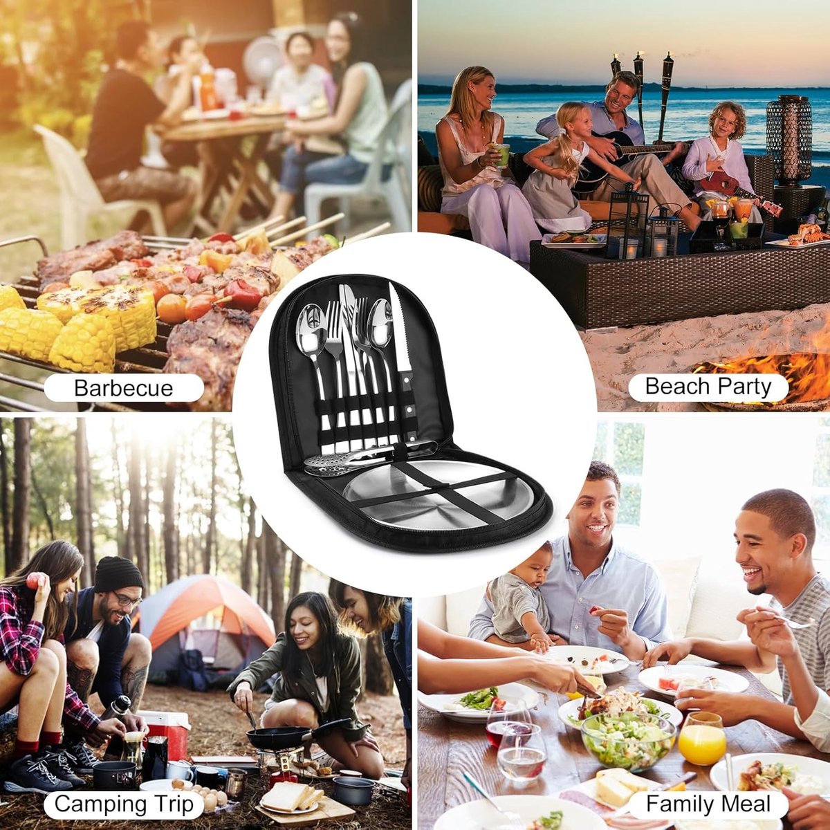 2 Person Cutlery Set (10-piece) - Camping Set for 2 People - Spoons, Knives, Forks, Steak Knives - 10 Pieces Stainless Steel Cutlery - Including Carrying Bag - For Picnic & Travel - Silver