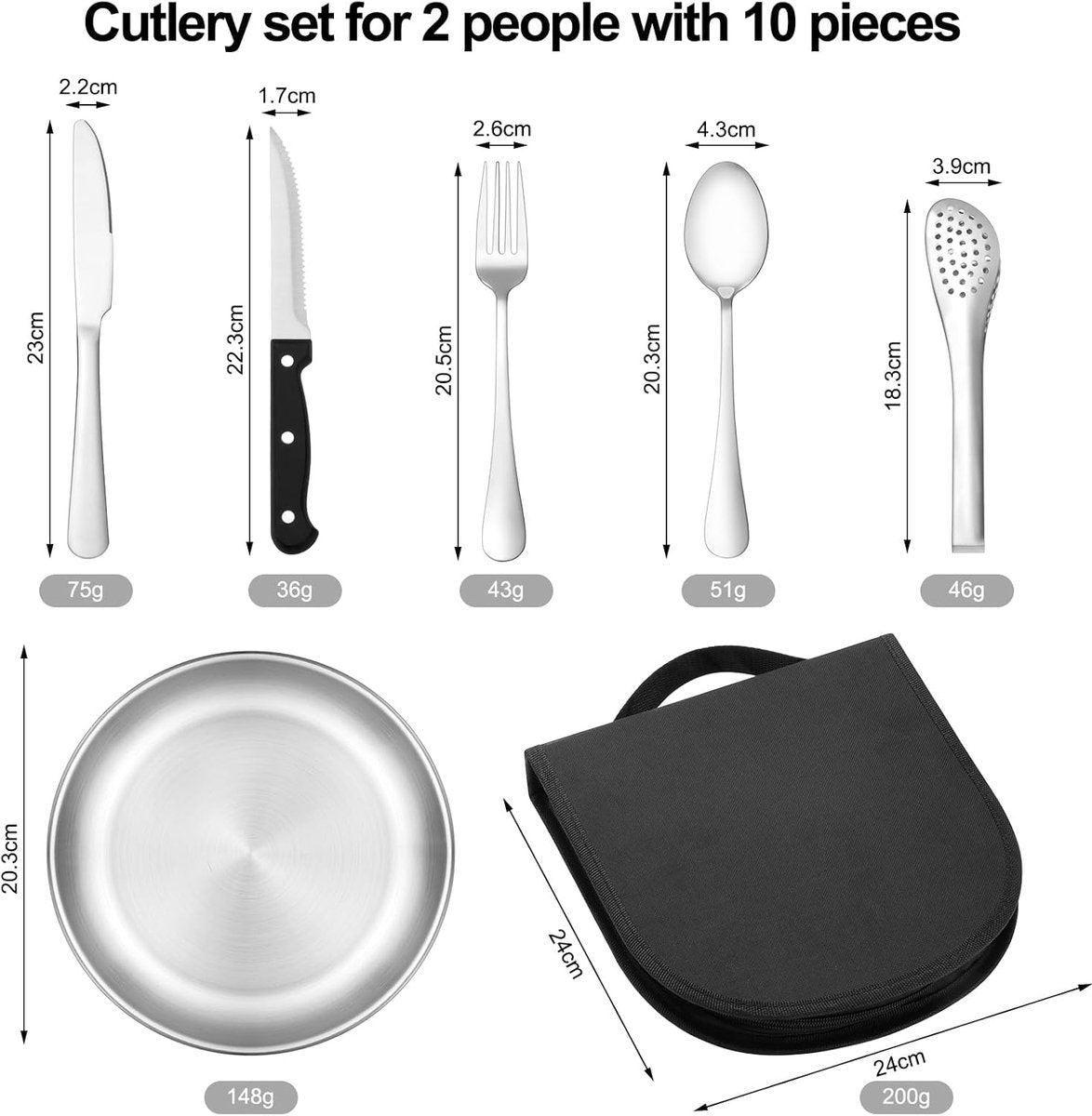 2 Person Cutlery Set (10-piece) - Camping Set for 2 People - Spoons, Knives, Forks, Steak Knives - 10 Pieces Stainless Steel Cutlery - Including Carrying Bag - For Picnic & Travel - Silver