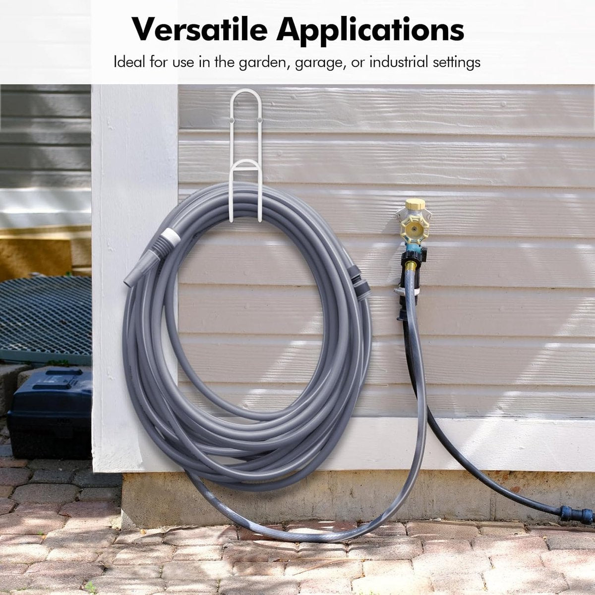 Garden Hose Hanging System - Wall Mount for Neat Storage - Stainless Steel Frame - White