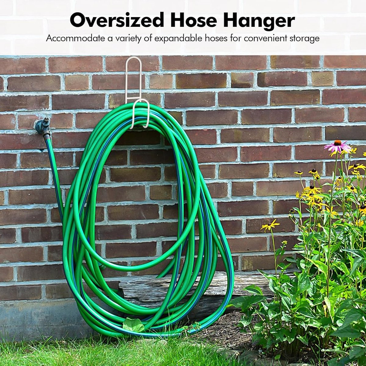 Garden Hose Hanging System - Wall Mount for Neat Storage - Stainless Steel Frame - White