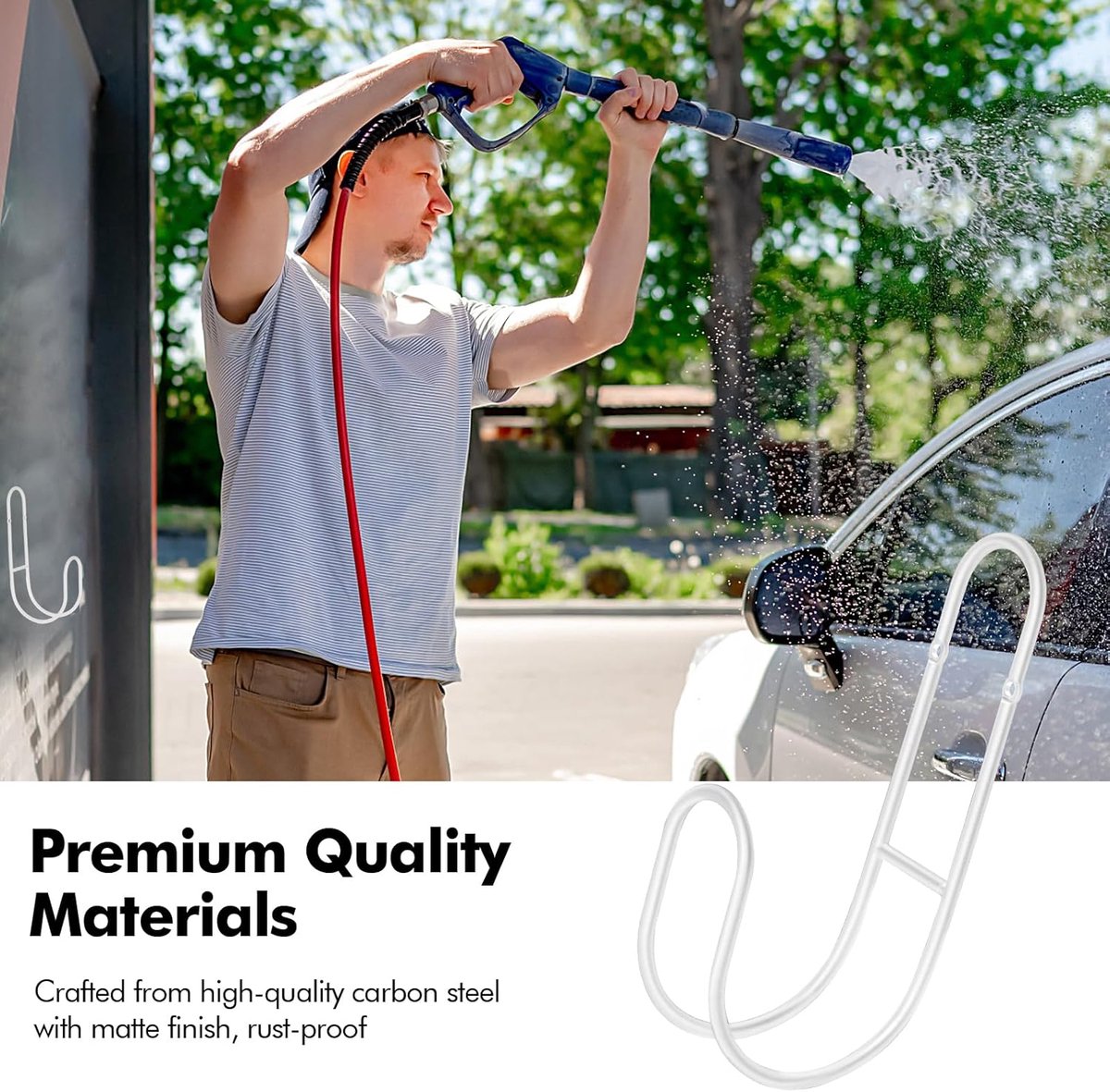 Garden Hose Hanging System - Wall Mount for Neat Storage - Stainless Steel Frame - White