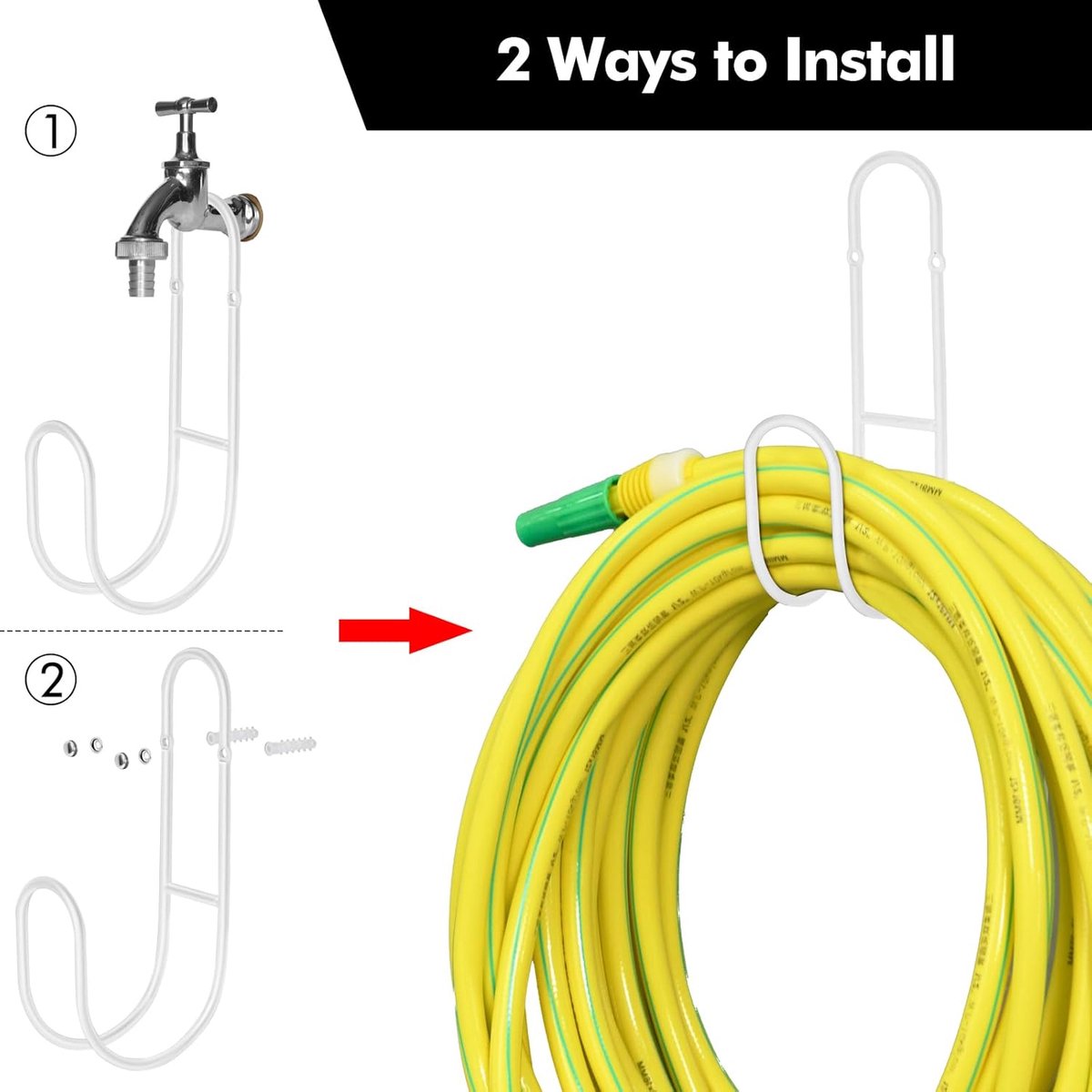 Garden Hose Hanging System - Wall Mount for Neat Storage - Stainless Steel Frame - White