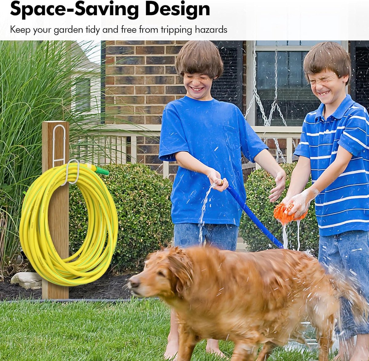 Garden Hose Hanging System - Wall Mount for Neat Storage - Stainless Steel Frame - White