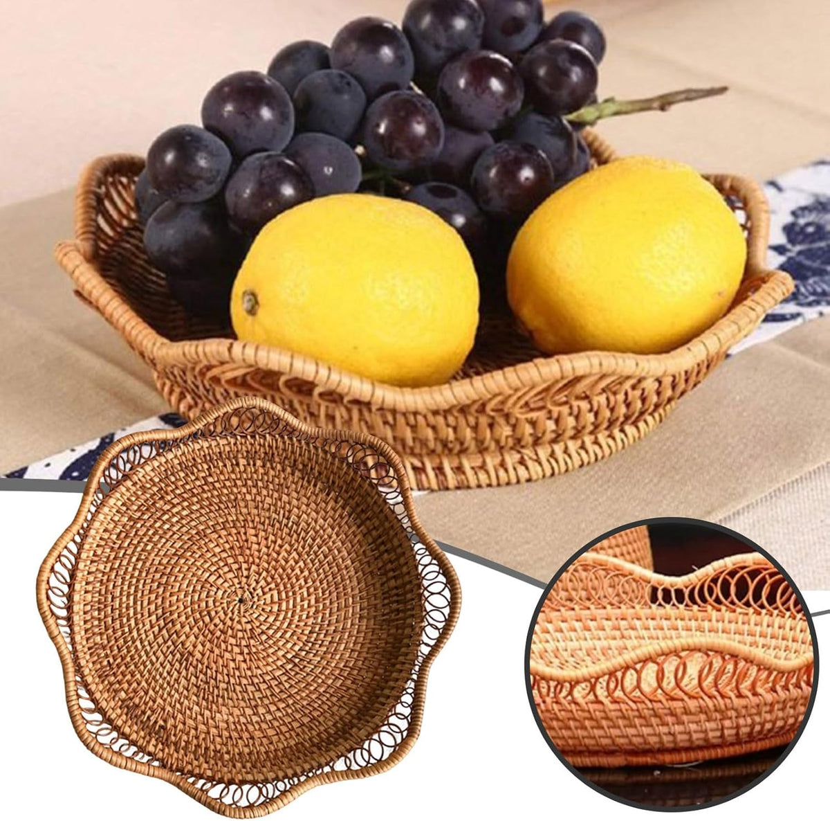 1pc Rattan Fruit Basket, Hand Woven Bread Basket, Tabletop Round Wicker Food Serving Storage Bowl, Natural Woven Decorative Baskets for Home Kitchen Counter Organizing