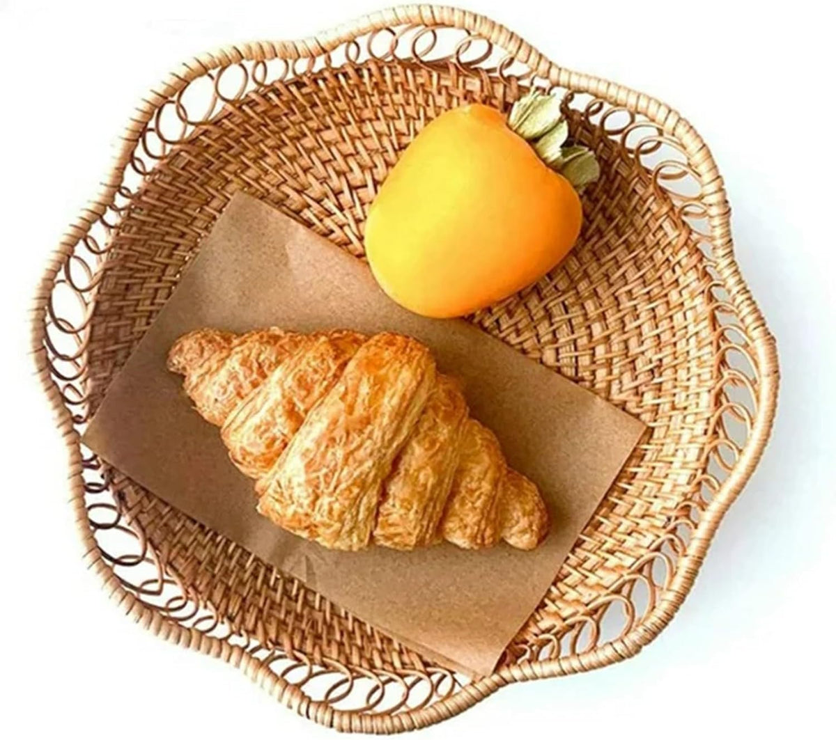 1pc Rattan Fruit Basket, Hand Woven Bread Basket, Tabletop Round Wicker Food Serving Storage Bowl, Natural Woven Decorative Baskets for Home Kitchen Counter Organizing