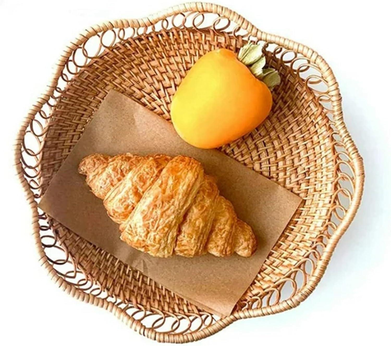 1pc Rattan Fruit Basket, Hand Woven Bread Basket, Tabletop Round Wicker Food Serving Storage Bowl, Natural Woven Decorative Baskets for Home Kitchen Counter Organizing