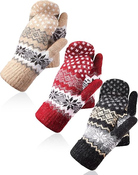 Pack of 3 pairs - Warm winter gloves for women - Extra thick - Knitted imitation - Suitable for cold winter weather (style A)