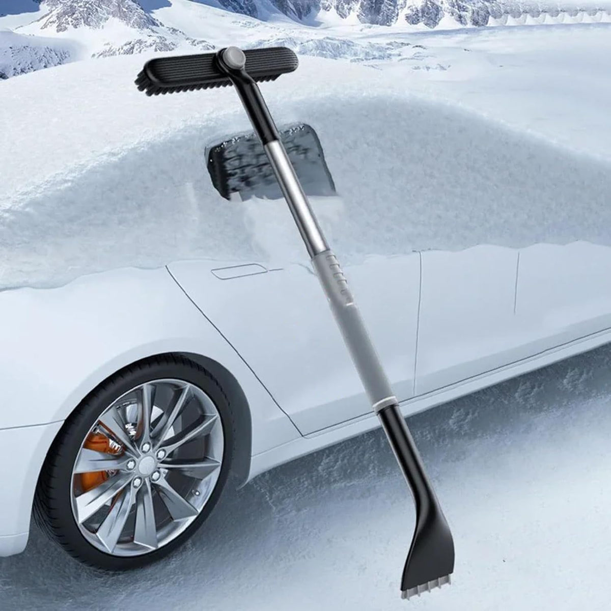 3-in-1 Snow Brush and Ice Scraper for Car Windows - Extendable Snow Remover - 360° Rotating Snow Brush and Ice Scraper with Long Handle (Gray)