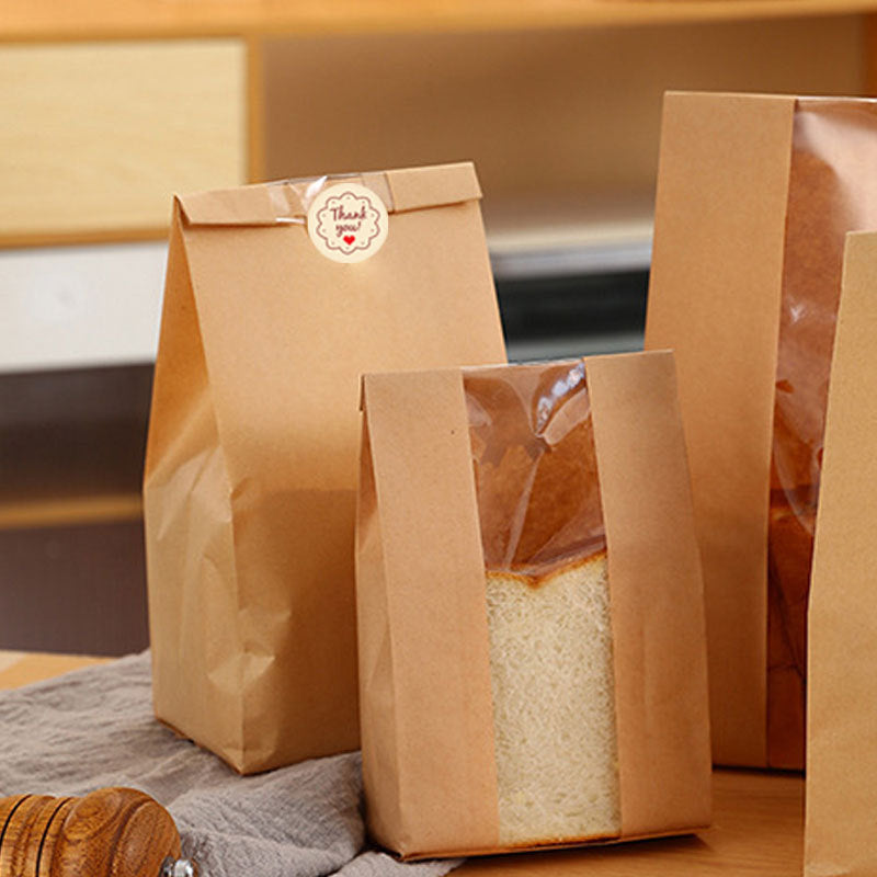 Bread Bag - Kraft paper with transparent window - 23.5*12*5 cm | Small baking bag - Suitable for storing bread, cookies, and snacks - Includes resealable tape