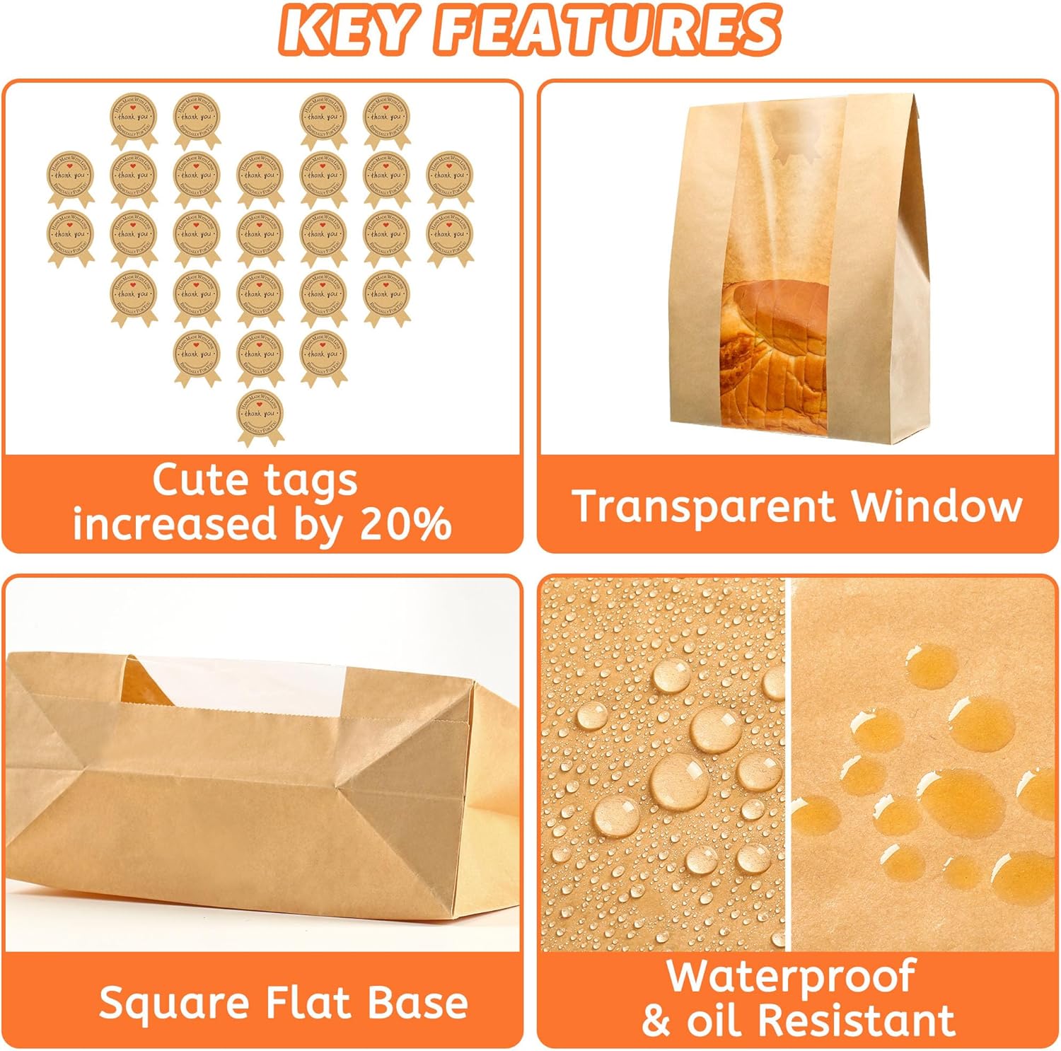 Bread Bag - Kraft paper with transparent window - 30*12*9 cm | Medium baking bag - Suitable for storing bread, cookies, and snacks - Includes resealable tape