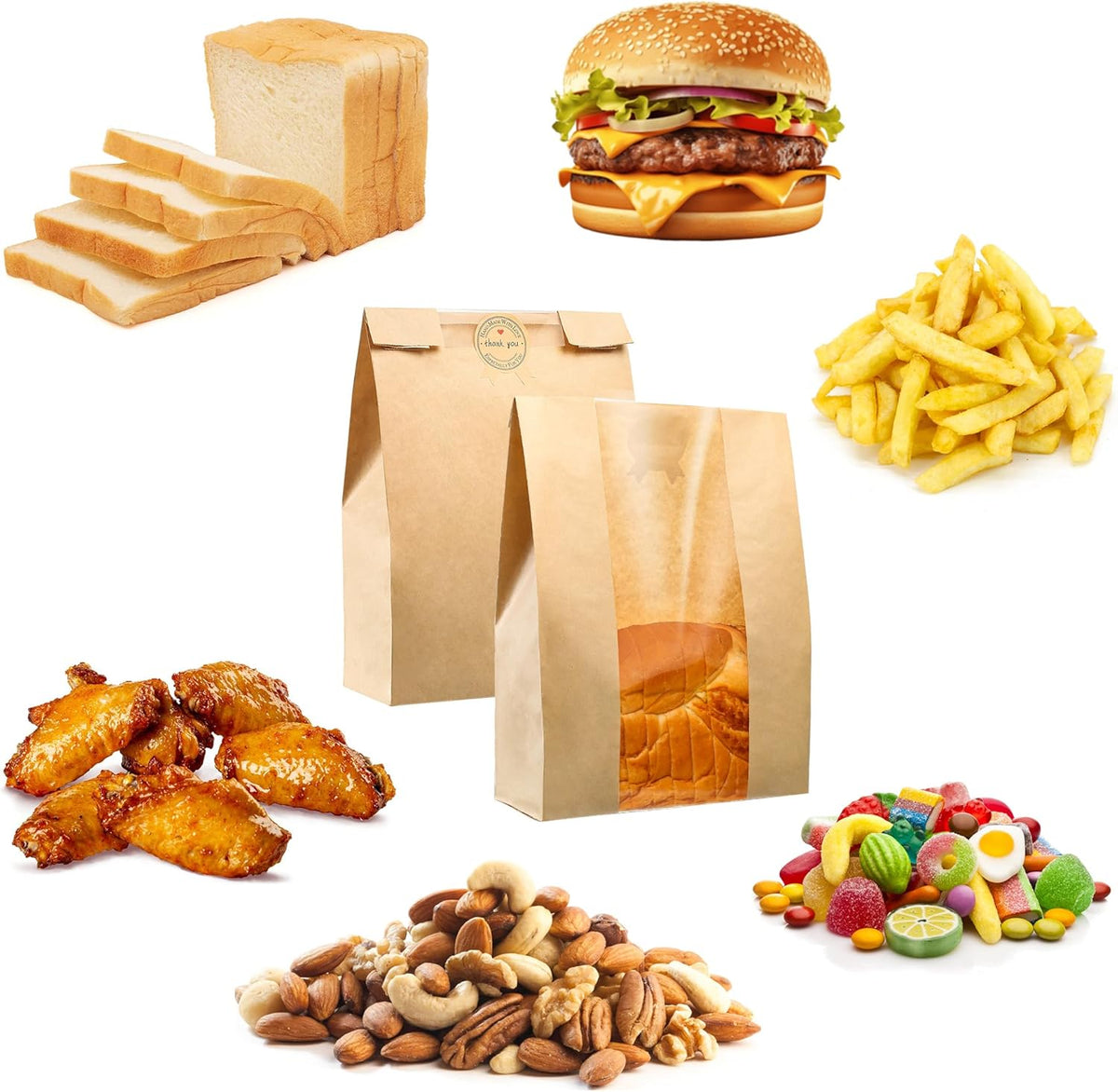 Bread Bag - Kraft paper with transparent window - 30*12*9 cm | Medium baking bag - Suitable for storing bread, cookies, and snacks - Includes resealable tape