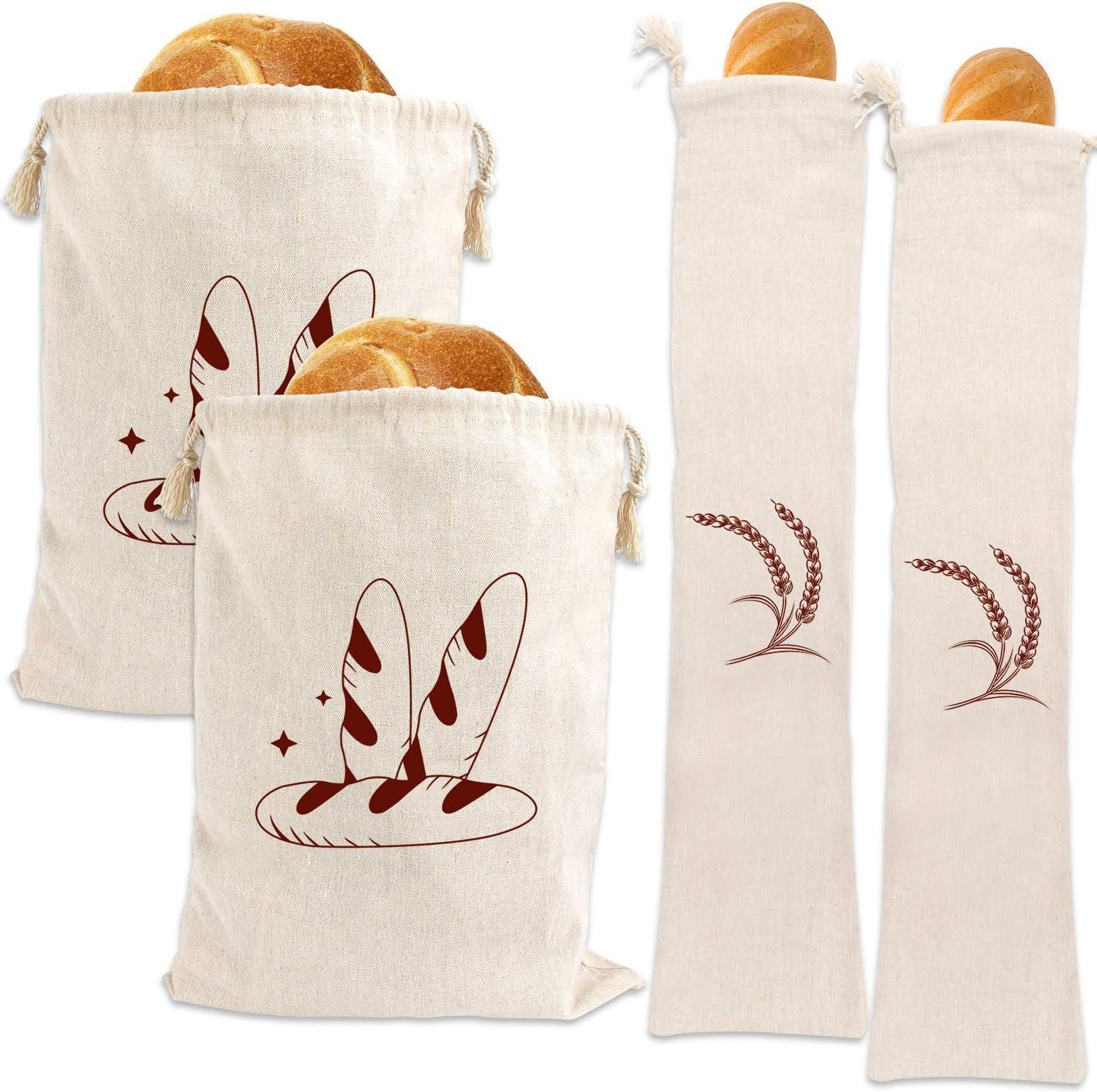 Bread Bag | Pack of 4 - Reusable Bread Bags - Drawstring Bread Bags - Storage Bags - Washable Fabric Bread Bags - Breathable Cotton - For Homemade Bread, Baguettes, and Other Pastries (Coffee Brown)