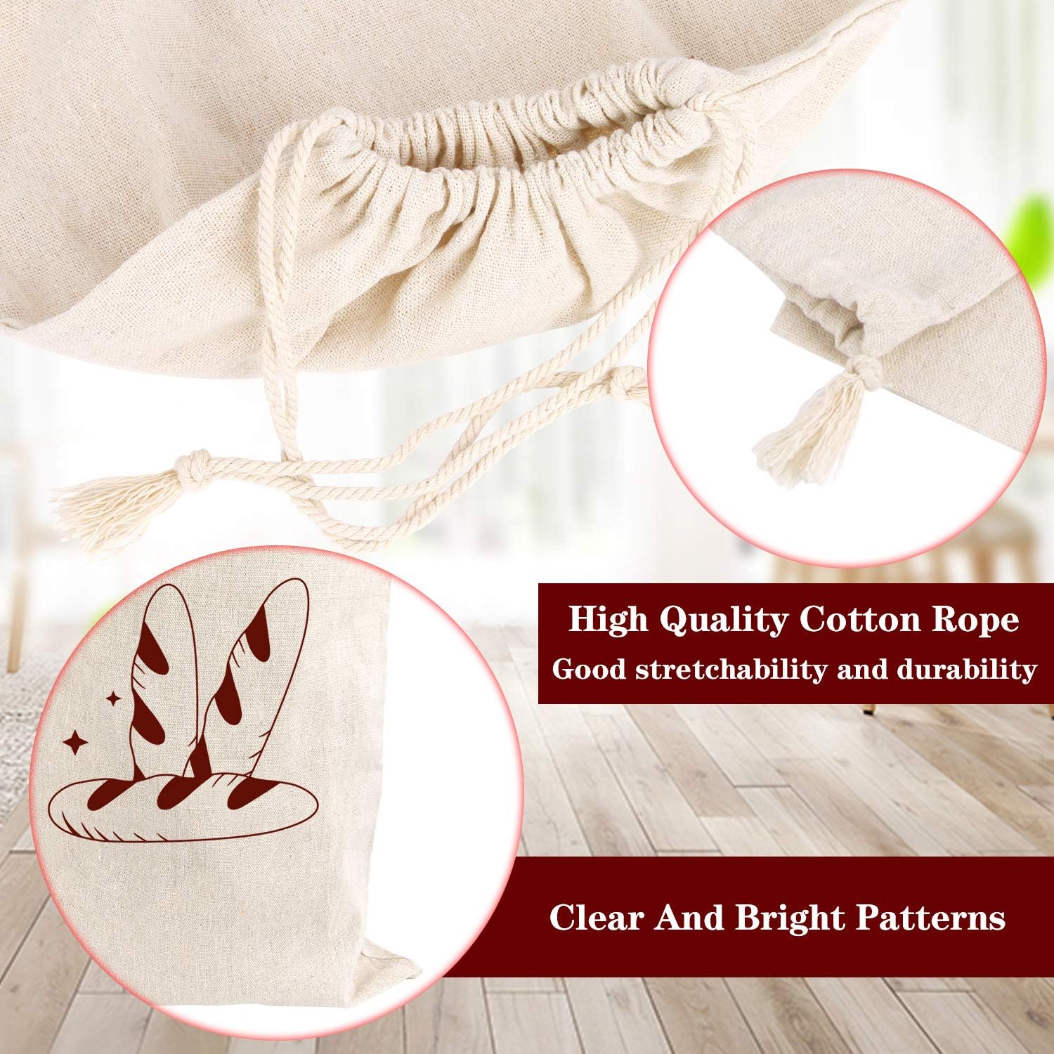 Bread Bag | Pack of 4 - Reusable Bread Bags - Drawstring Bread Bags - Storage Bags - Washable Fabric Bread Bags - Breathable Cotton - For Homemade Bread, Baguettes, and Other Pastries (Coffee Brown)