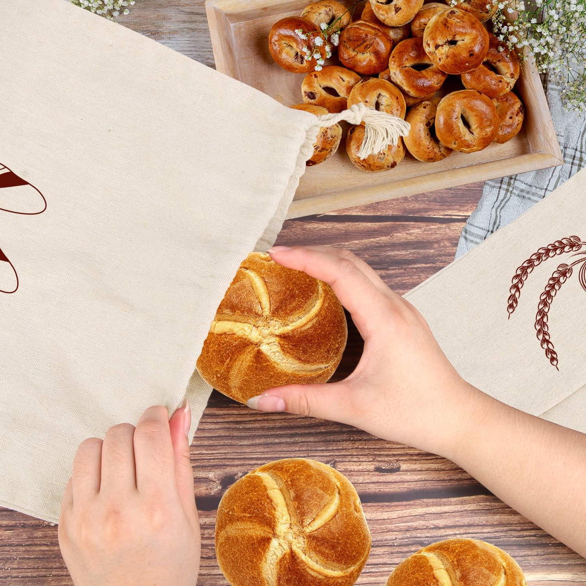 Bread Bag | Pack of 4 - Reusable Bread Bags - Drawstring Bread Bags - Storage Bags - Washable Fabric Bread Bags - Breathable Cotton - For Homemade Bread, Baguettes, and Other Pastries (Coffee Brown)
