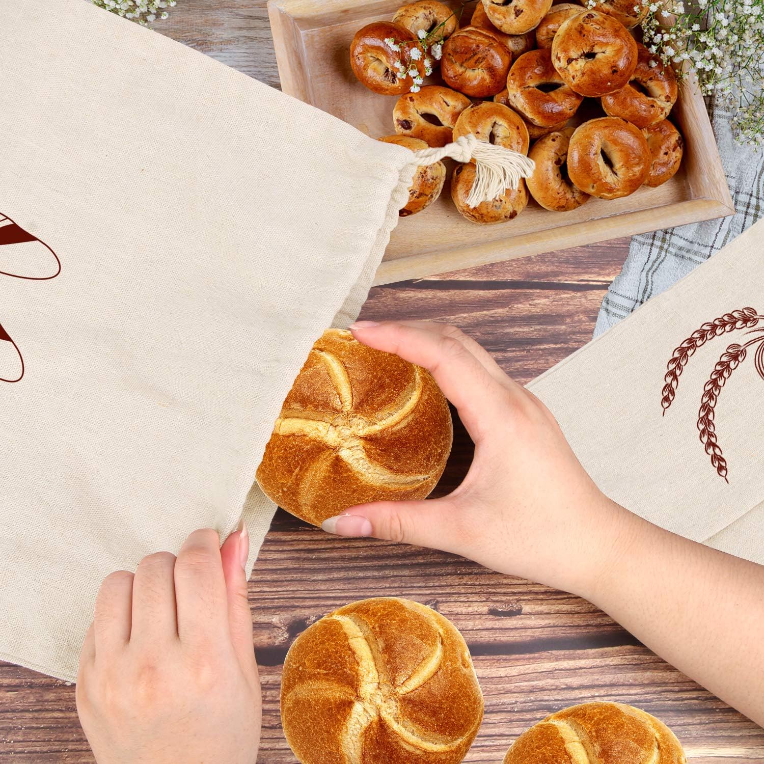 Bread Bag | Pack of 4 - Reusable Bread Bags - Drawstring Bread Bags - Storage Bags - Washable Fabric Bread Bags - Breathable Cotton - For Homemade Bread, Baguettes, and Other Pastries (Coffee Brown)