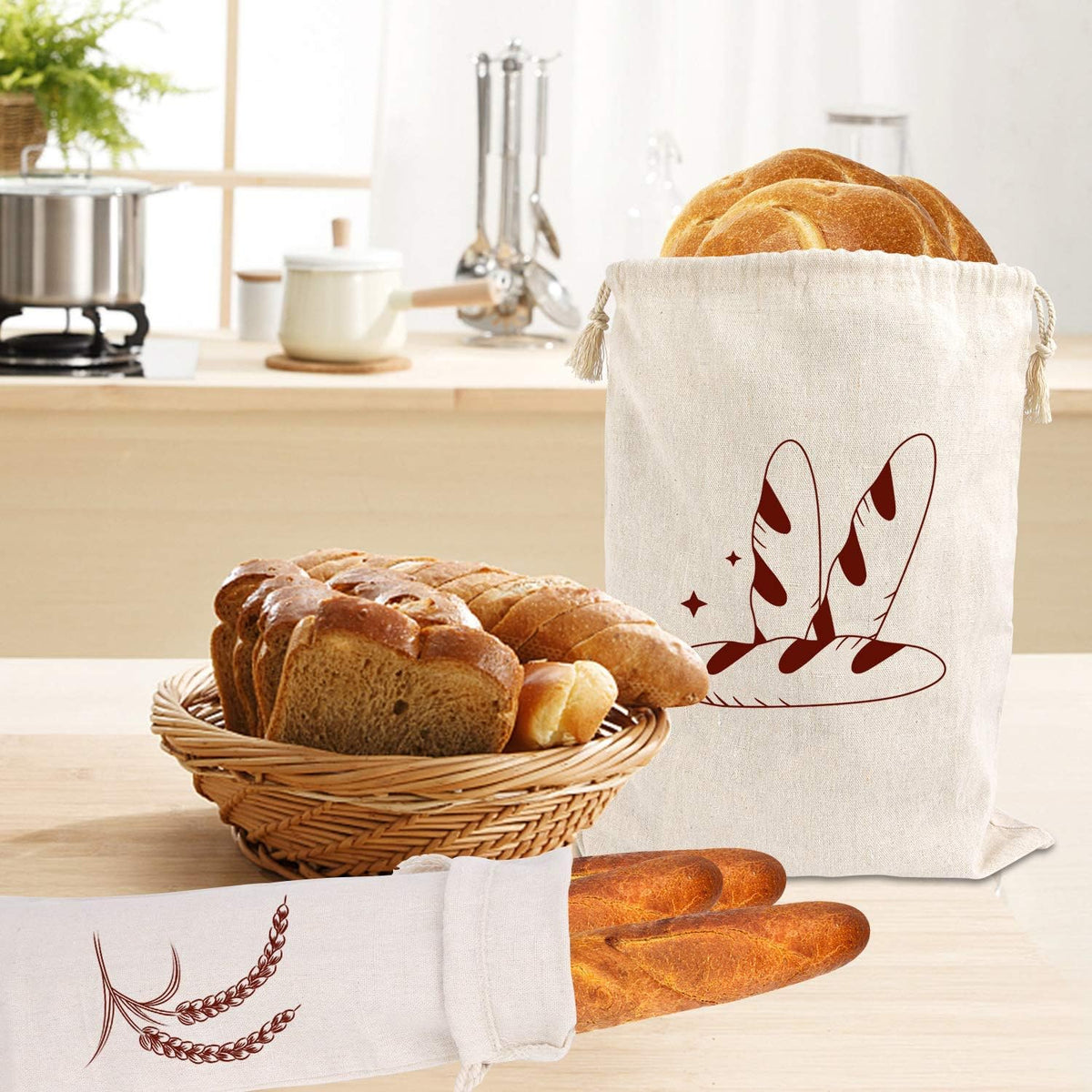 Bread Bag | Pack of 4 - Reusable Bread Bags - Drawstring Bread Bags - Storage Bags - Washable Fabric Bread Bags - Breathable Cotton - For Homemade Bread, Baguettes, and Other Pastries (Coffee Brown)