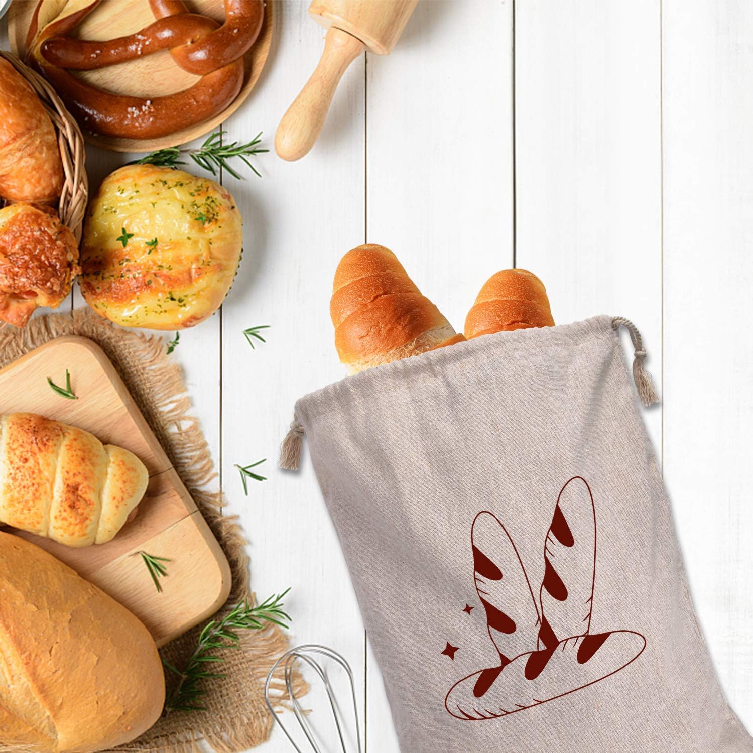 Bread Bag | Pack of 4 - Reusable Bread Bags - Drawstring Bread Bags - Storage Bags - Washable Fabric Bread Bags - Breathable Cotton - For Homemade Bread, Baguettes, and Other Pastries (Coffee Brown)