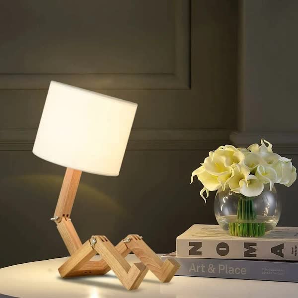 Creative Robot Table Lamp, Height Adjustable, Can Hold Books, Wooden Bedside Lamp, Fabric Shade, E27 Screw Base, Decorative Lighting.