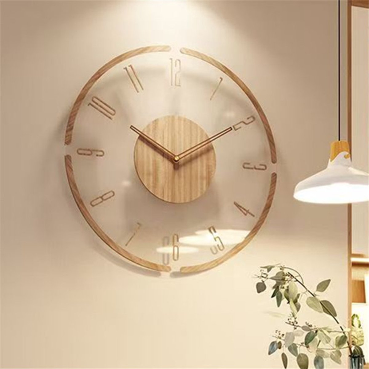 Vintage Wooden Wall Clock 30cm Round Silent Battery Operated Non-Ticking Decorative Clock for Living Room Bedroom with Transparent Acrylic