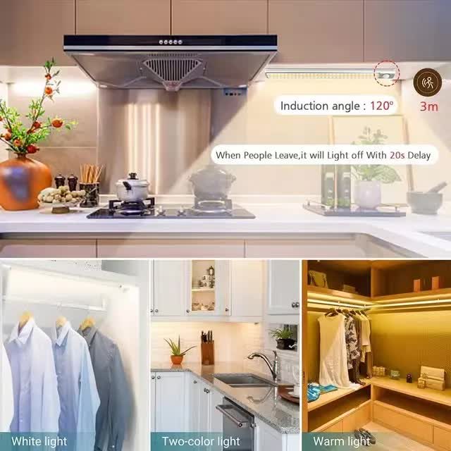 (White, 3-pack) Cabinet lighting with motion sensor, rechargeable LED wardrobe light, battery-powered wireless magnetic light