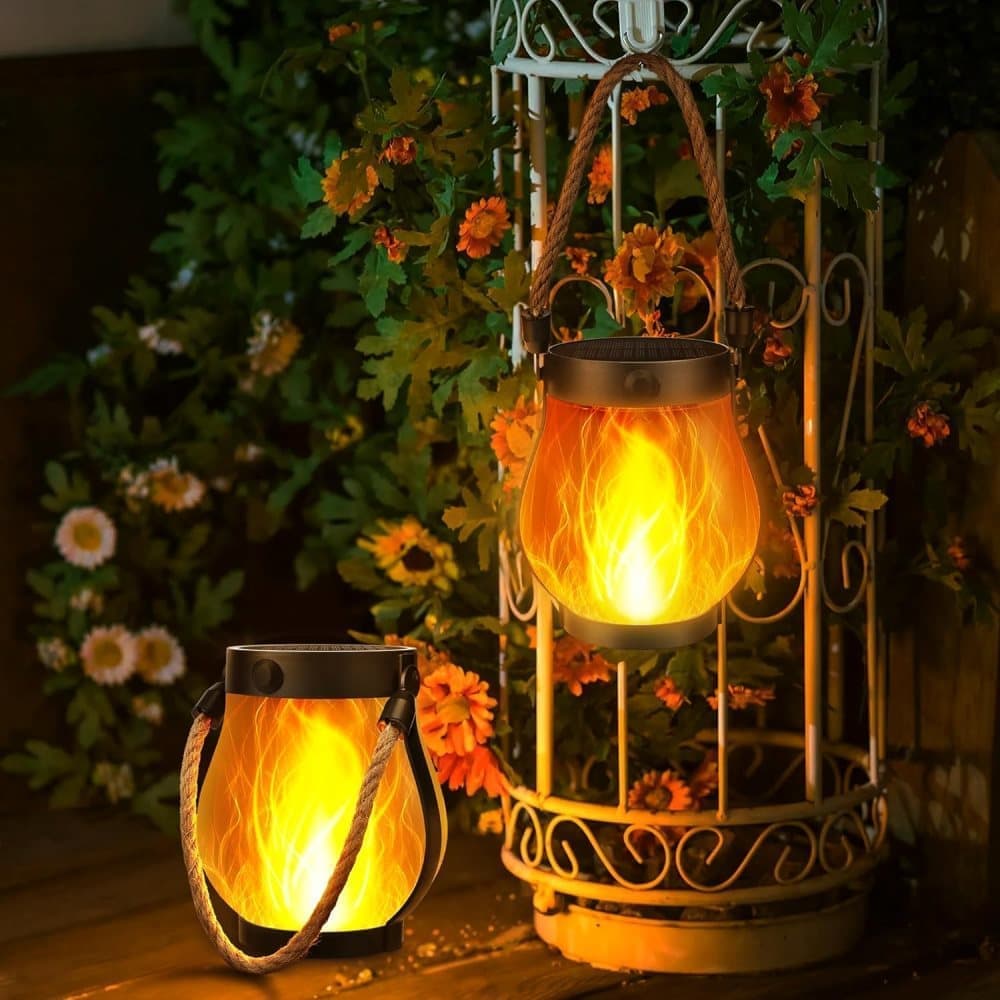 1/2/4 Pack Solar Garden Lights with Flame Effect - Waterproof Hanging Lanterns with USB Charging, Halloween and Garden Decoration (Four-piece set)