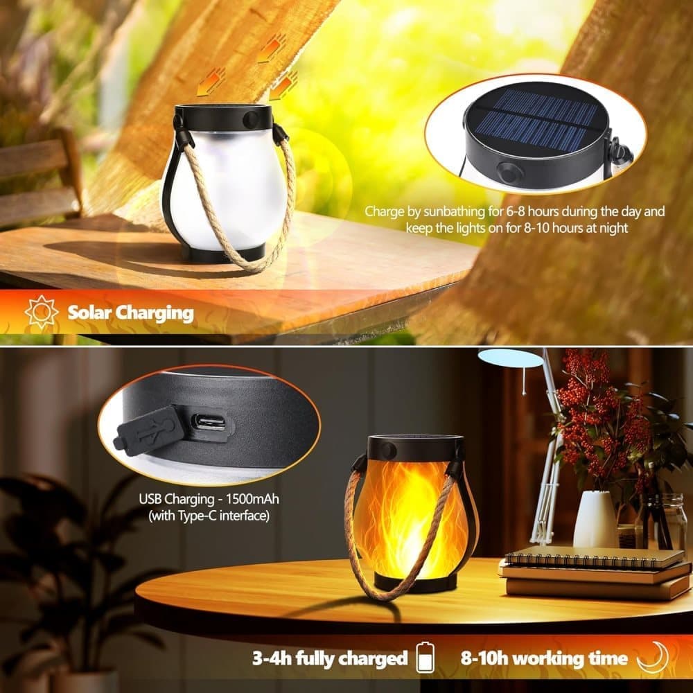 1/2/4 Pack Solar Garden Lights with Flame Effect - Waterproof Hanging Lanterns with USB Charging, Halloween and Garden Decoration (Four-piece set)