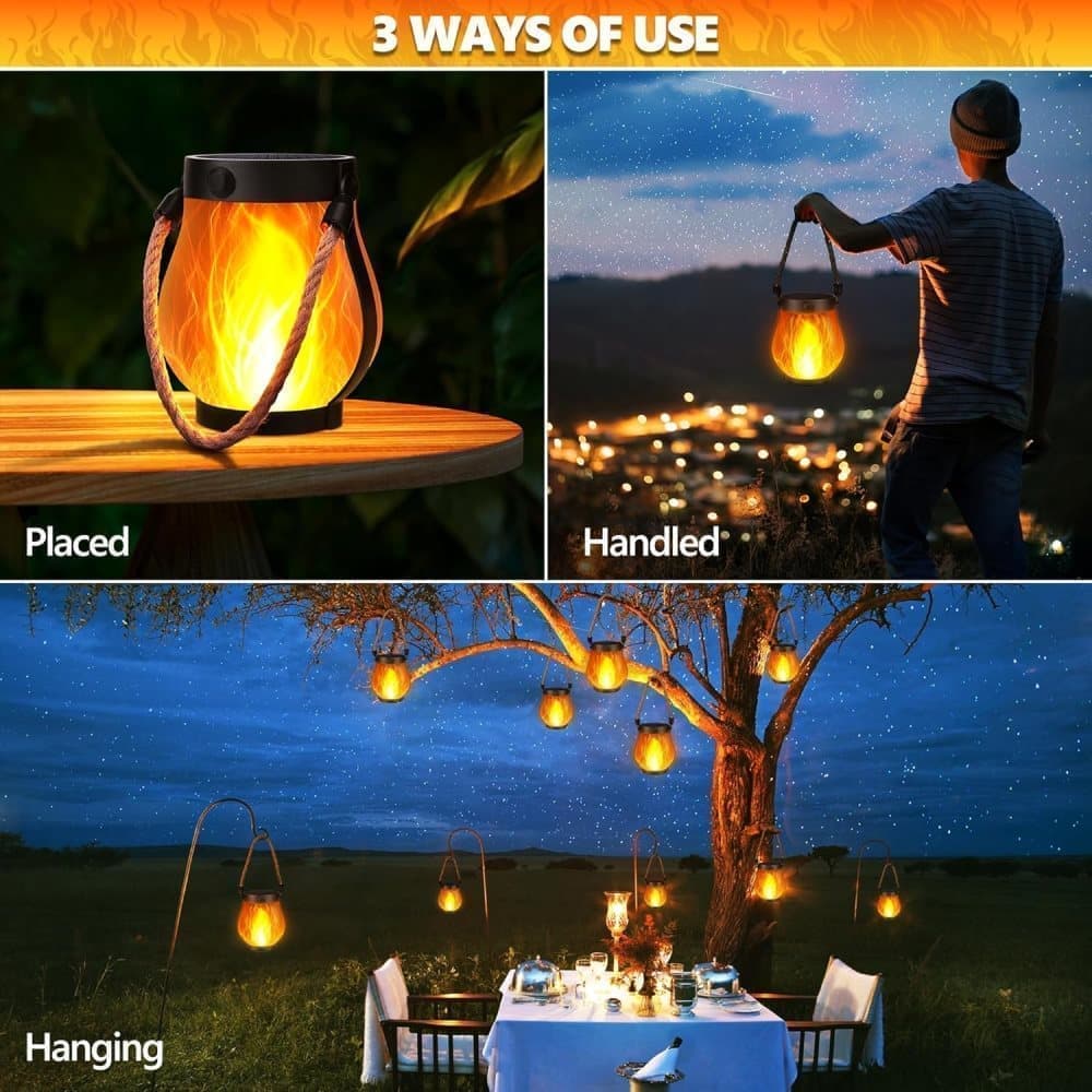 1/2/4 Pack Solar Garden Lights with Flame Effect - Waterproof Hanging Lanterns with USB Charging, Halloween and Garden Decoration (Four-piece set)