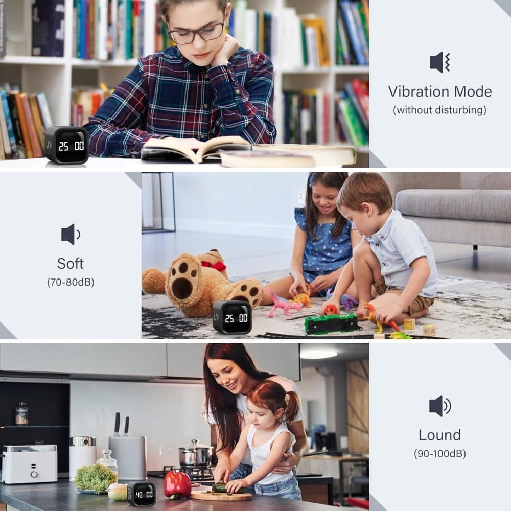 Pomodoro Timer 25/5/10 Min Desk Timer Vibration Volume Adjustable Productivity Clock