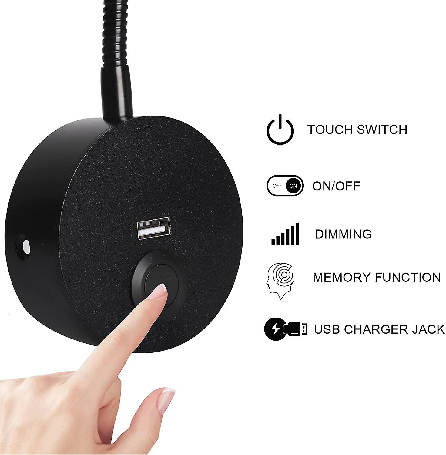 Dimmable Bedside Lamp, Minimalist LED Bedside Reading Lamp, Headboard Wall Mounted with USB Charger (Matte Black)