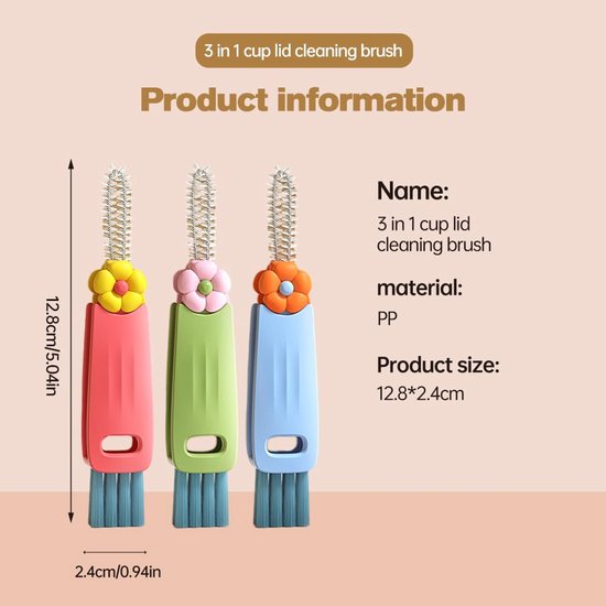 3-in-1 Crevice Brush - Multifunctional - Lid Brush - Suitable for small spaces, various cups and bottles