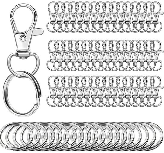 Small Stainless Steel Keychains - 100 Pieces Carabiner Keychains - DIY - DIY Ring - Snap Closure with Turning Button - (Silver)