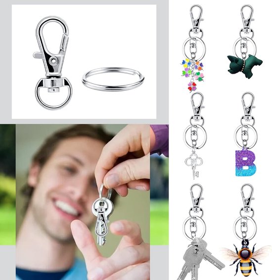 Small Stainless Steel Keychains - 100 Pieces Carabiner Keychains - DIY - DIY Ring - Snap Closure with Turning Button - (Silver)