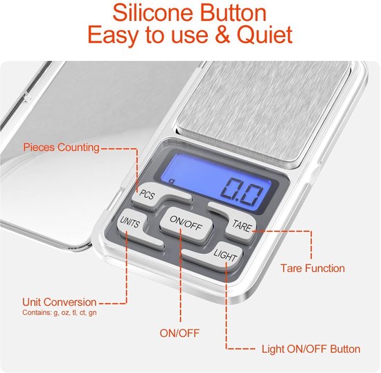 Electronic kitchen scale - Kitchen scale - 500g/0.01g - Food scale - Stainless steel household scale - With display and tare function - Suitable for food, jewelry, coffee bags, etc.