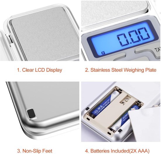 Electronic kitchen scale - Kitchen scale - 500g/0.01g - Food scale - Stainless steel household scale - With display and tare function - Suitable for food, jewelry, coffee bags, etc.