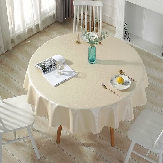 Round tablecloth - stain and oil resistant - fabric with elegant floral pattern - perfect for picnics - outdoor - garden - 140 cm diameter - restaurant - light beige