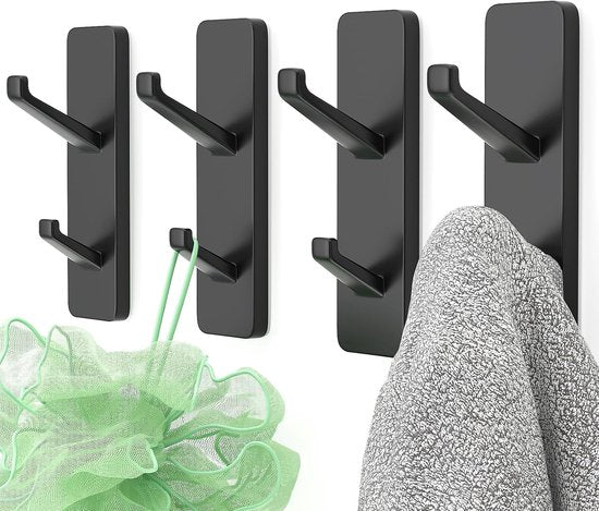 Coat Hooks - Self-Adhesive Hooks for Towels, Coats, Keys - Bathroom, Doors, Kitchens, Dorms - Black - Metal - Pack of 4