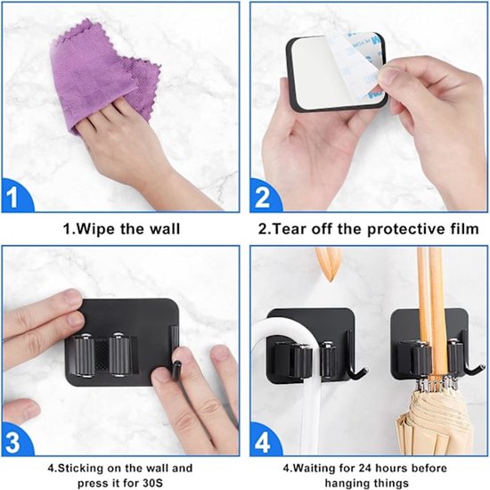 Mop hook - Wall broom hook - Wall broom holder without drilling - 4-pack