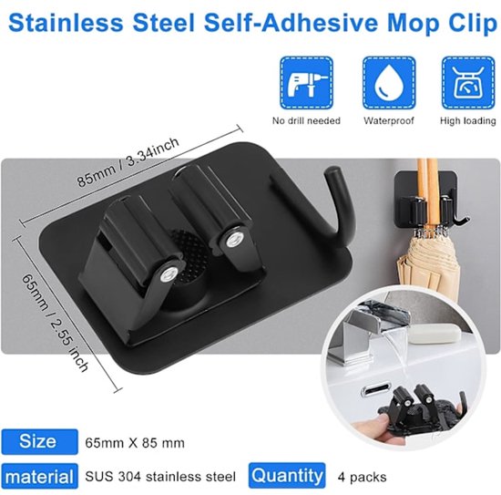 Mop hook - Wall broom hook - Wall broom holder without drilling - 4-pack