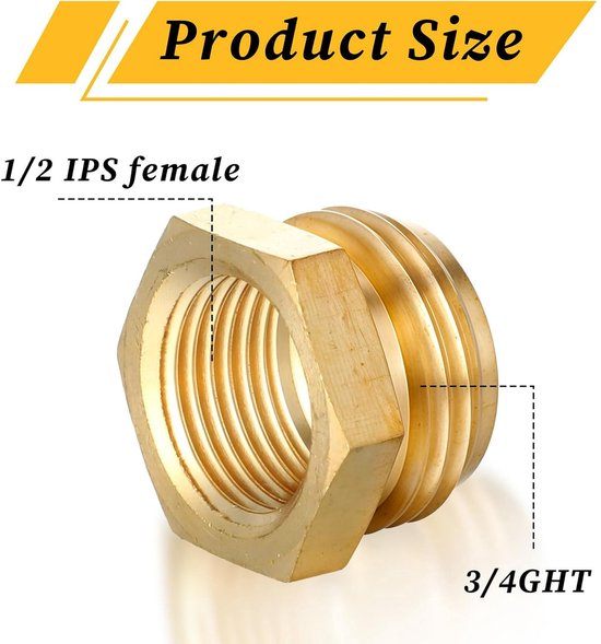 2-Pack - G 1/2" BSP Female to GHT 3/4 Male Hose Connector - Brass Garden Hose Connector - Threaded Pipe Connector - Hose Connector, Water Hose Connector, Garden Hose Connector