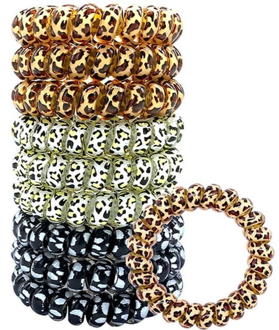 9-pack hair ties - Braided hair ties - Curly hair ties - Hair ties that can be worn as bracelets - Very elastic - Lightweight - Leopard print hair ties for phone cords