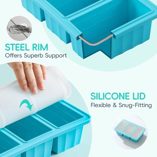 Silicone Freezer Containers with Lids - Bouillon Cube Trays - Large Ice Cube Trays - Easy Meal Prep Kitchen Storage Containers - Freezer Storage Containers for Stock, Sauces & Bouillons - 1 Pack