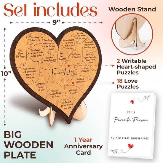 Heart-shaped puzzle - a wooden gift for a first anniversary - perfect for a boyfriend/girlfriend or husband/wife.