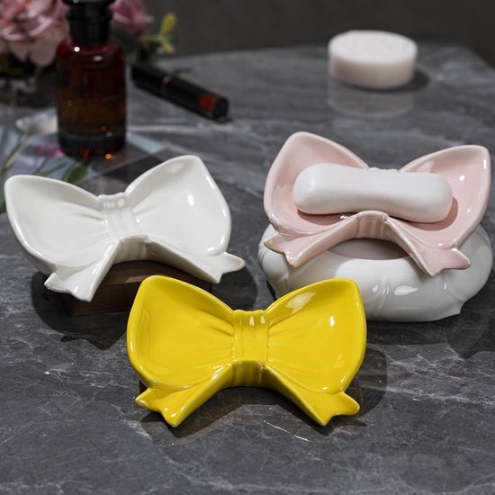 Bow Soap Dish - Ceramic Soap Organizer with Pink Bow - Bathroom Decor, Sponge Holder for Sink, Jewelry Storage Box, Bathroom Accessories for Countertop (White)