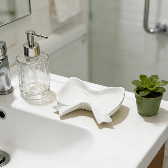 Bow Soap Dish - Ceramic Soap Organizer with Pink Bow - Bathroom Decor, Sponge Holder for Sink, Jewelry Storage Box, Bathroom Accessories for Countertop (White)