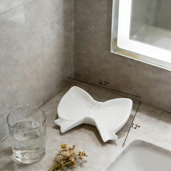 Bow Soap Dish - Ceramic Soap Organizer with Pink Bow - Bathroom Decor, Sponge Holder for Sink, Jewelry Storage Box, Bathroom Accessories for Countertop (White)