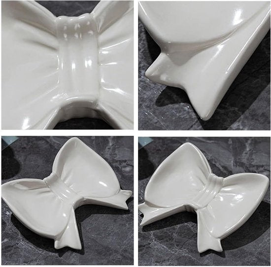 Bow Soap Dish - Ceramic Soap Organizer with Pink Bow - Bathroom Decor, Sponge Holder for Sink, Jewelry Storage Box, Bathroom Accessories for Countertop (White)